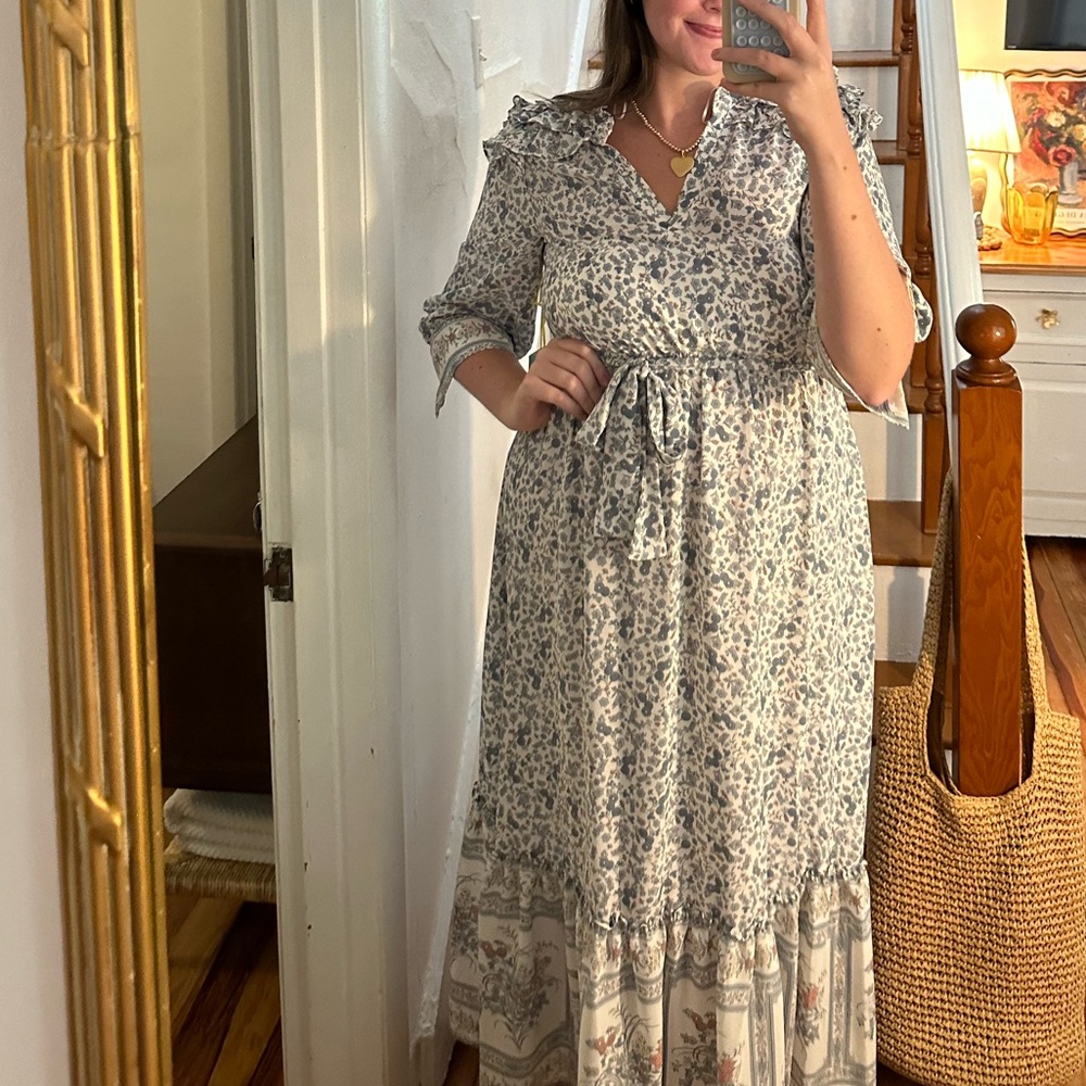 CeCe Blue and Cream Long Sleeve Dress